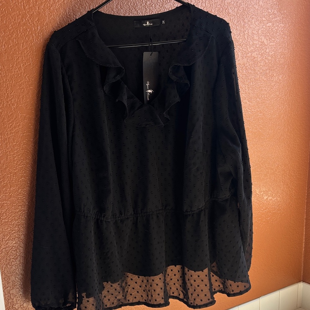 Women's Black Ruffle V-Neck Sheer Dot Peplum Blouse